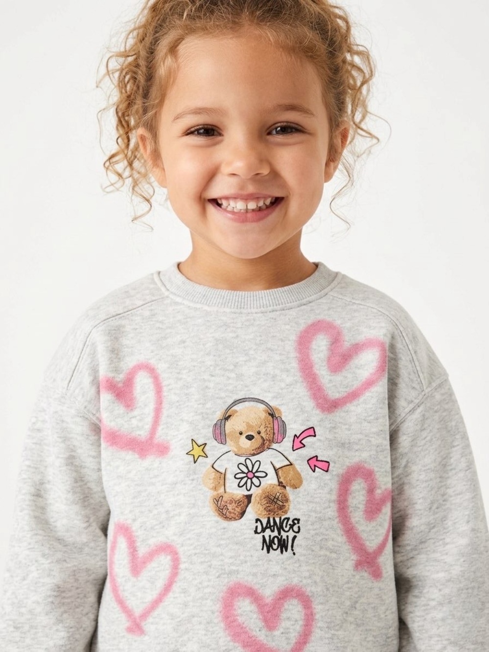 Zara Gray Sweatshirt with Pink Heart Graffiti and Bear Graphic